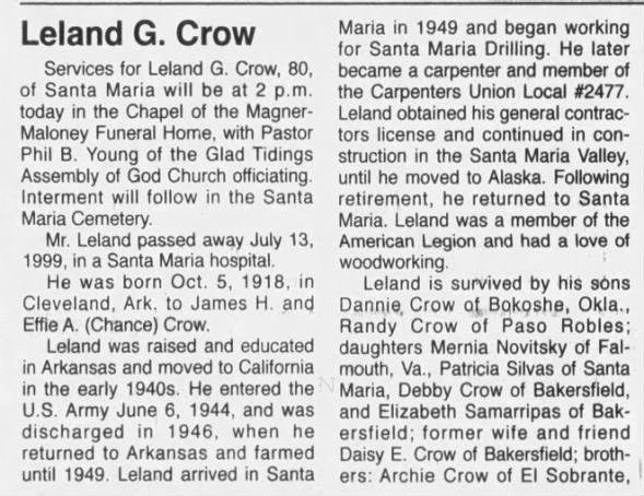 Obituary for Leland G. Crow, 1918-1999 (Aged 80)